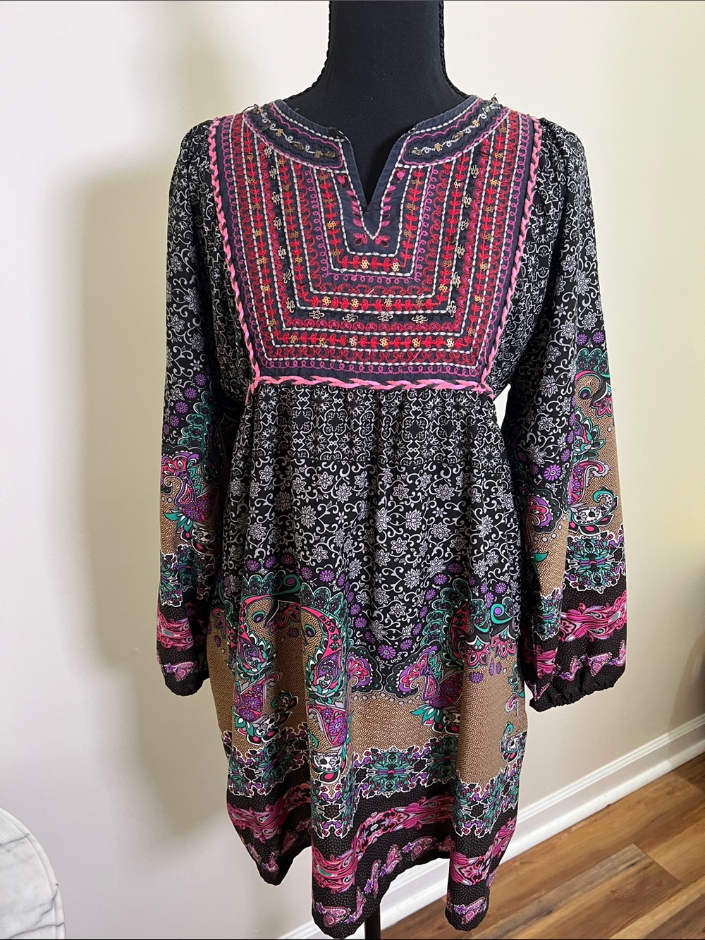 Boho Embroidered Black and Pink Peasant Dress/tunic